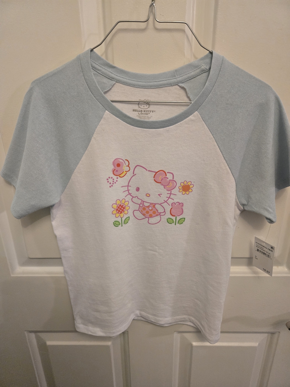 Hello Kitty White Tee with Light Blue Raglan Sleeves